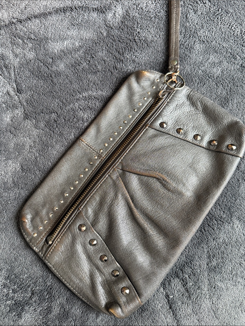 Banana Republic Genuine Leather Metallic Silver Gunmetal Studded Wristlet